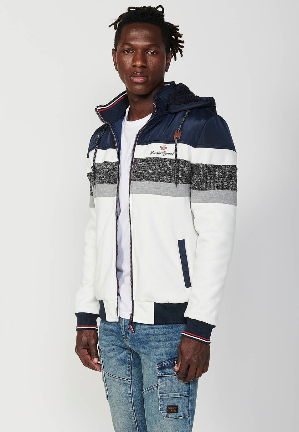 Veste sweat-shirt rembourrée avec capuche et fermeture éclair sur le devant pour homme en bleu marine