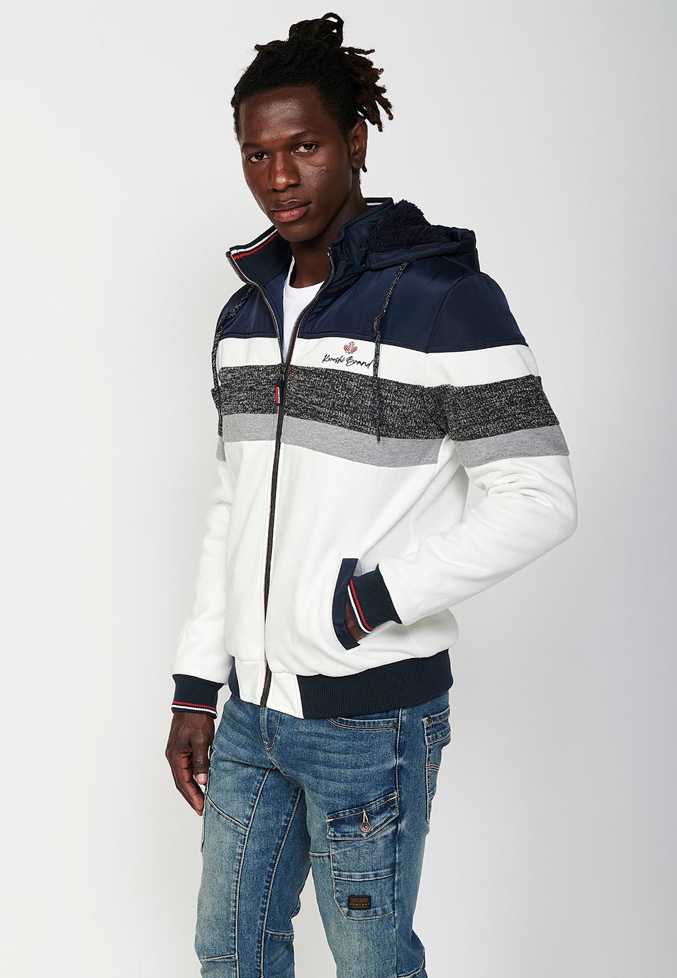 Mens Quilted Hooded Zip Front Sweatshirt Jacket in Navy