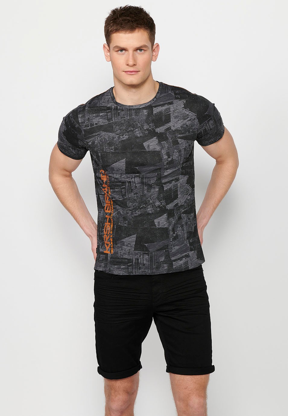 T-shirt manches courtes en coton col rond et tissu imprimé gris pour Homme