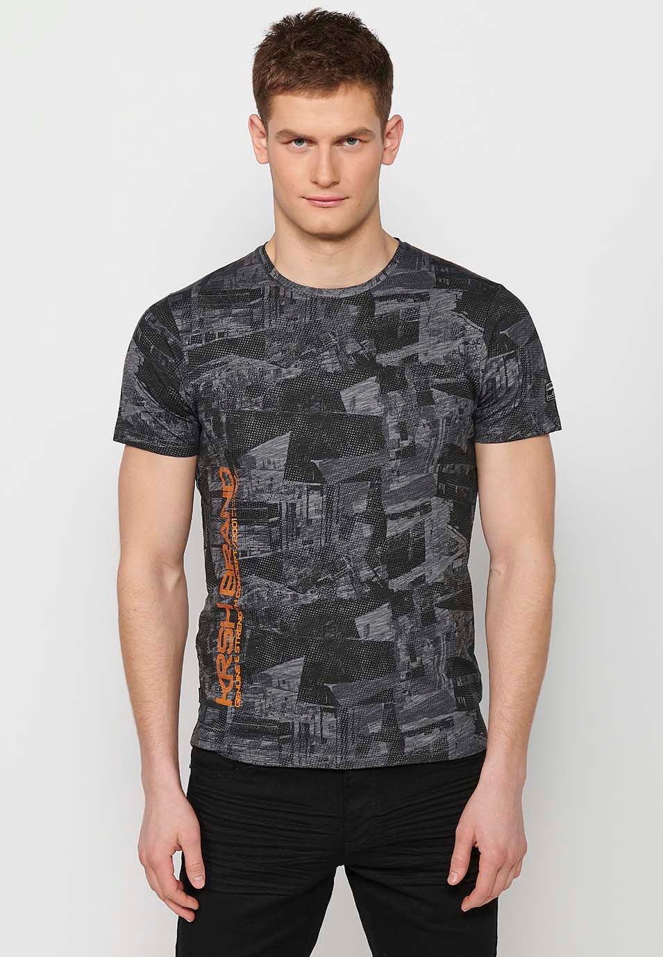 Short-sleeved Cotton T-shirt with round neck and gray printed fabric for Men