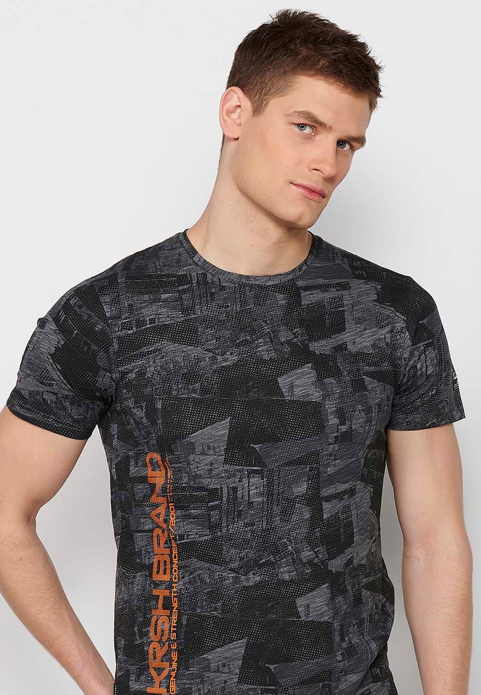 Short-sleeved Cotton T-shirt with round neck and gray printed fabric for Men