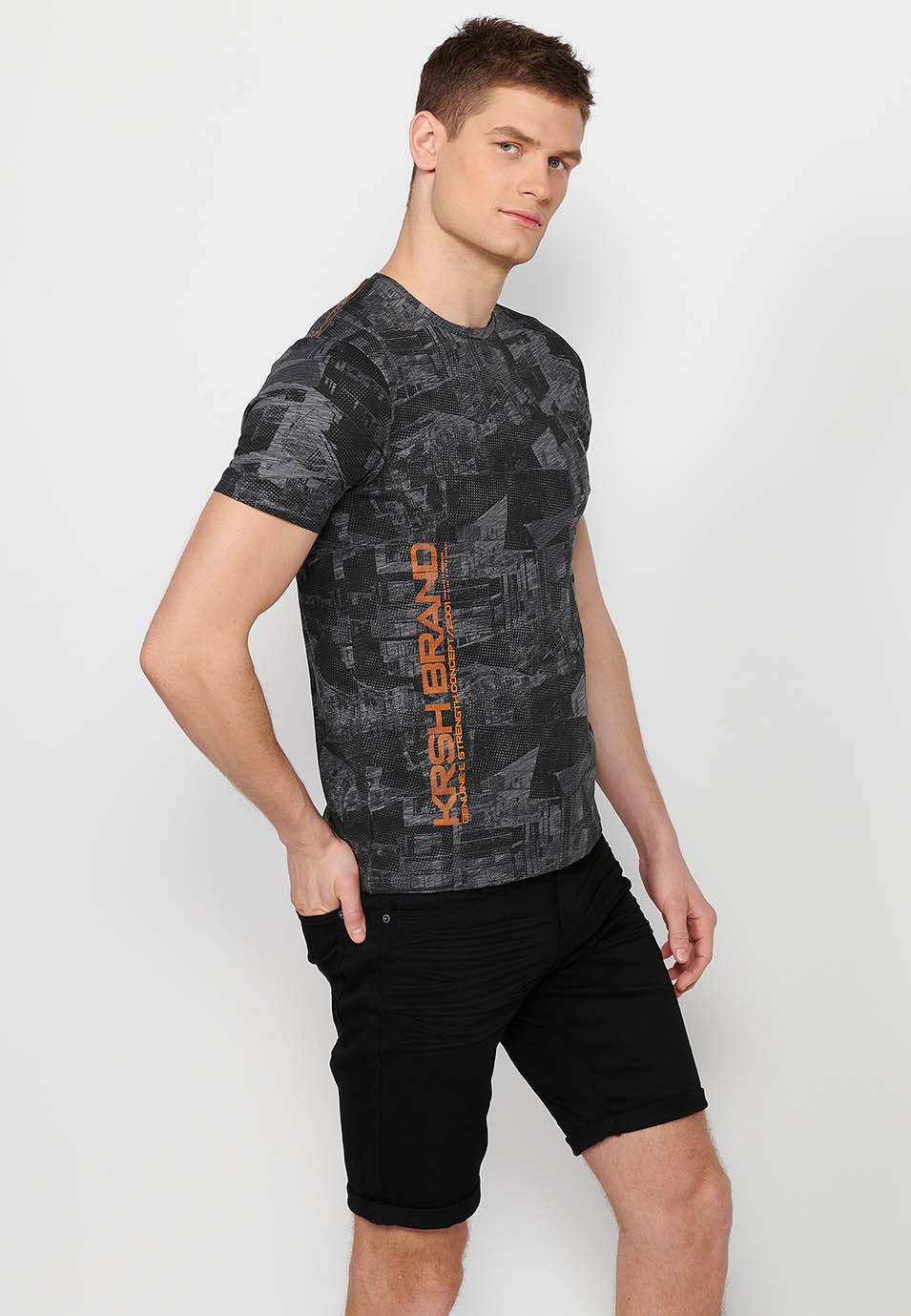 Short-sleeved Cotton T-shirt with round neck and gray printed fabric for Men