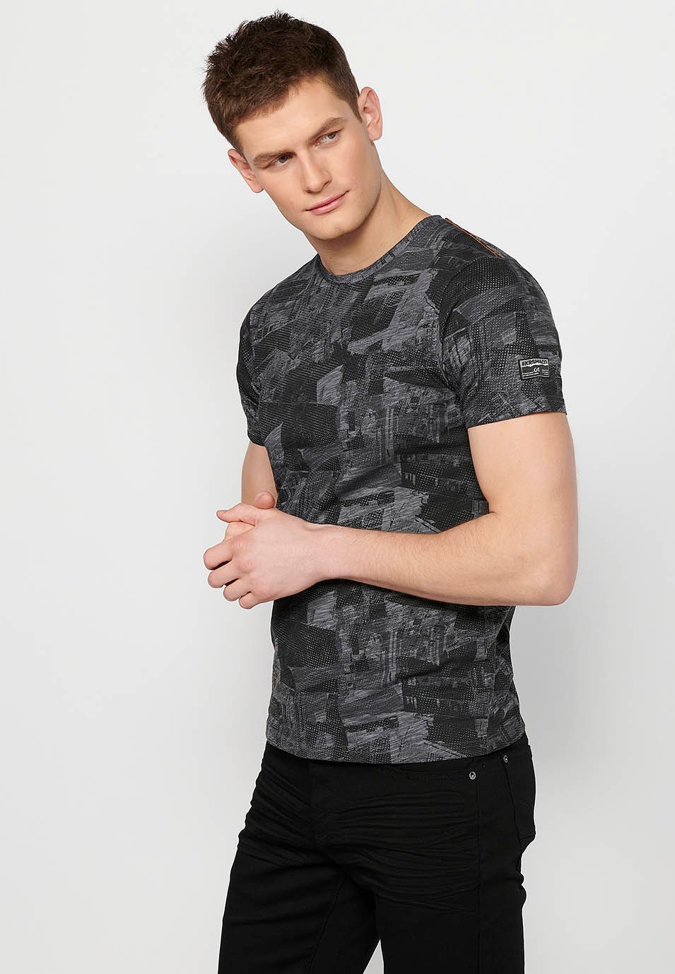 Short-sleeved Cotton T-shirt with round neck and gray printed fabric for Men