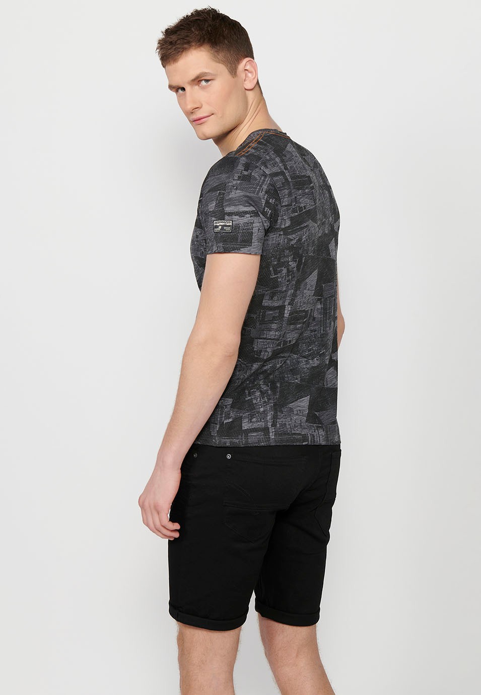 Short-sleeved Cotton T-shirt with round neck and gray printed fabric for Men