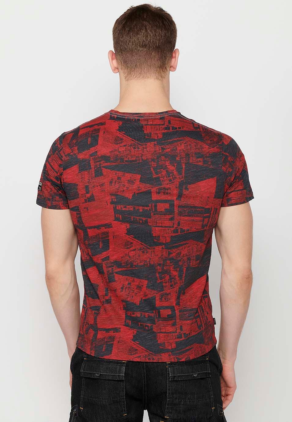 Short-sleeved Cotton T-shirt with round neck and red printed fabric for Men