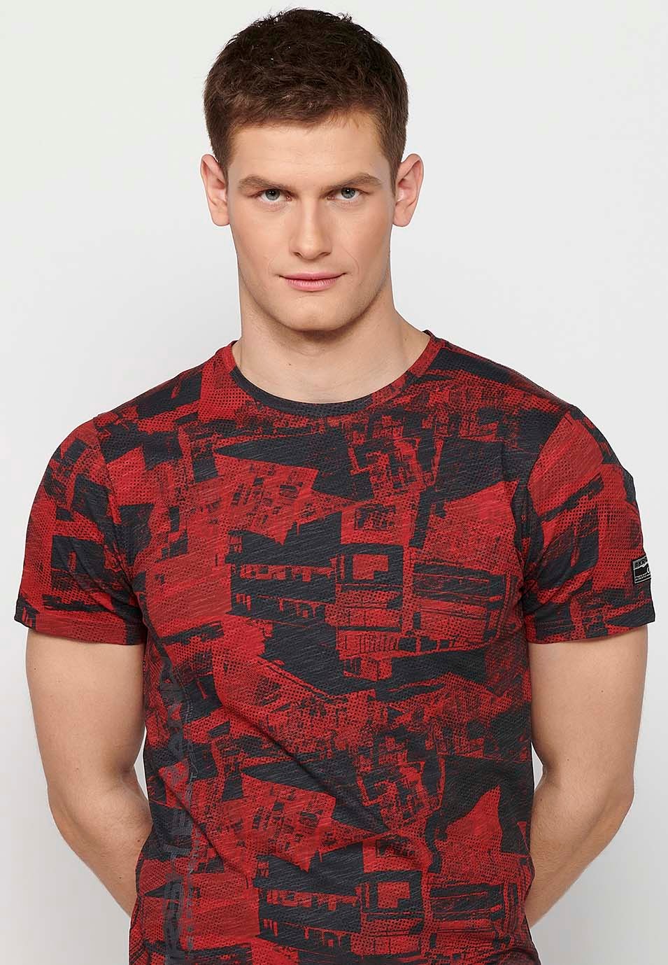 Short-sleeved Cotton T-shirt with round neck and red printed fabric for Men