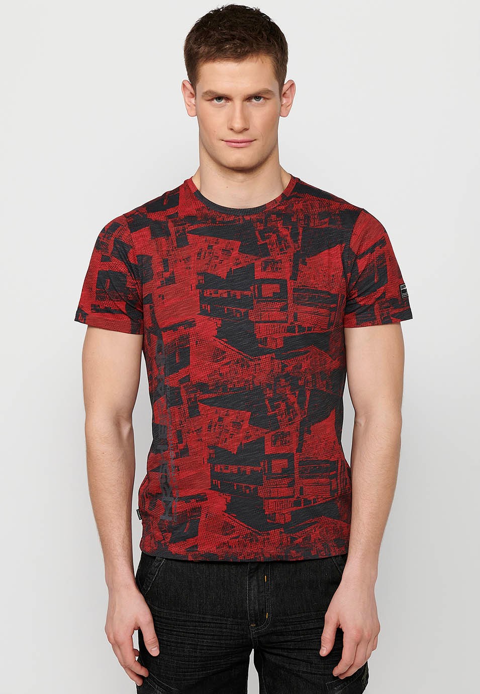 Short-sleeved Cotton T-shirt with round neck and red printed fabric for Men