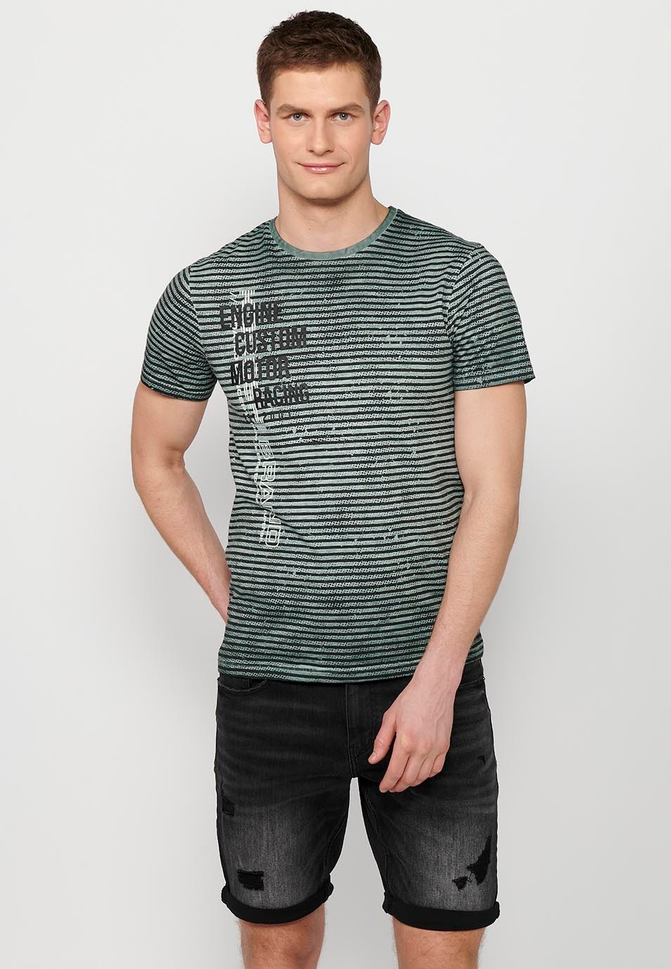 Short-sleeved cotton T-shirt with striped print and round neck in Khaki color for Men