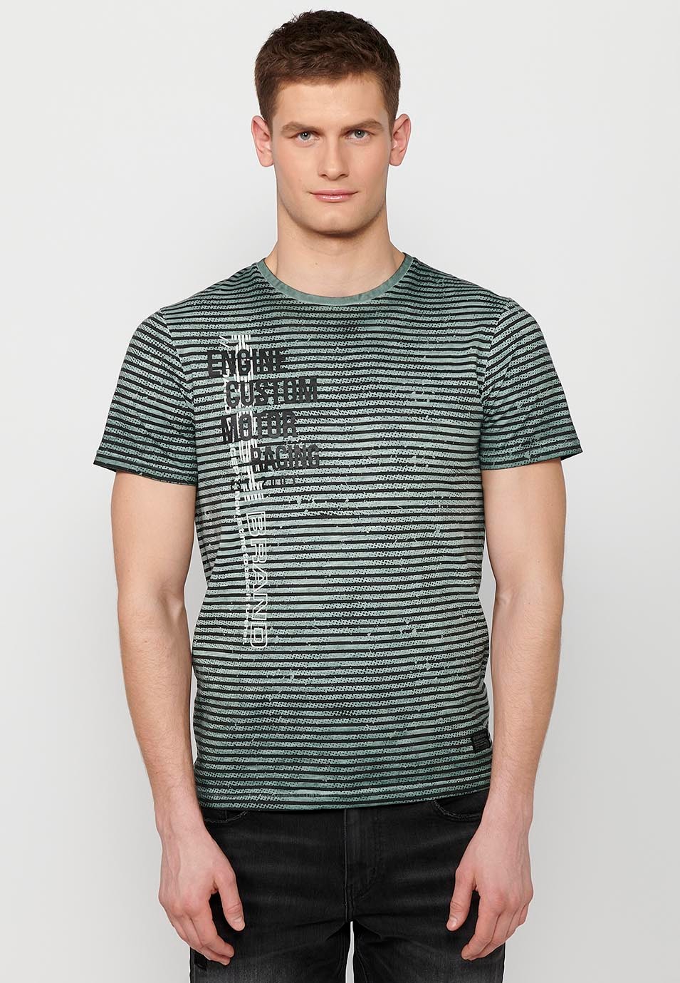 Short-sleeved cotton T-shirt with striped print and round neck in Khaki color for Men