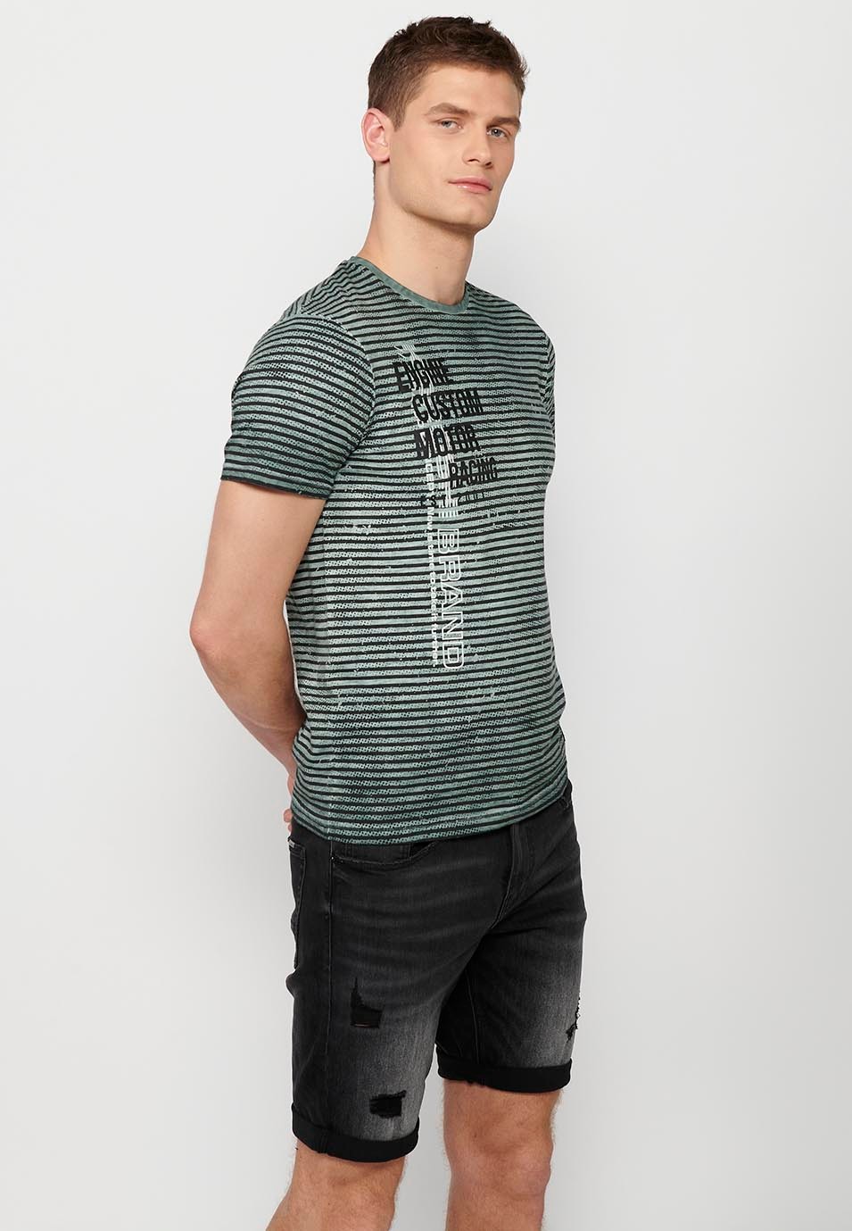 Short-sleeved cotton T-shirt with striped print and round neck in Khaki color for Men