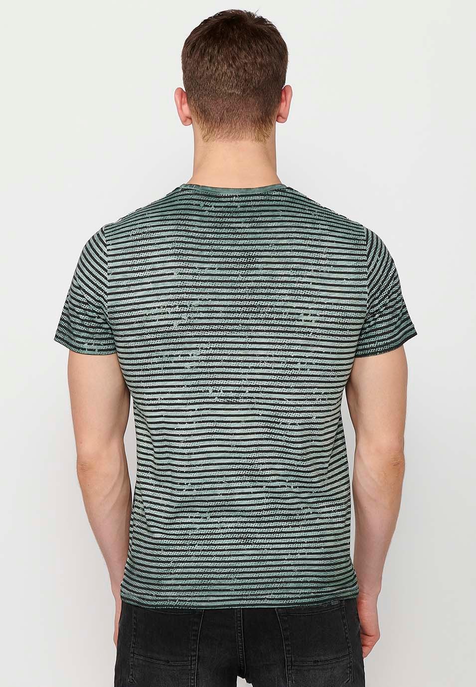 Short-sleeved cotton T-shirt with striped print and round neck in Khaki color for Men