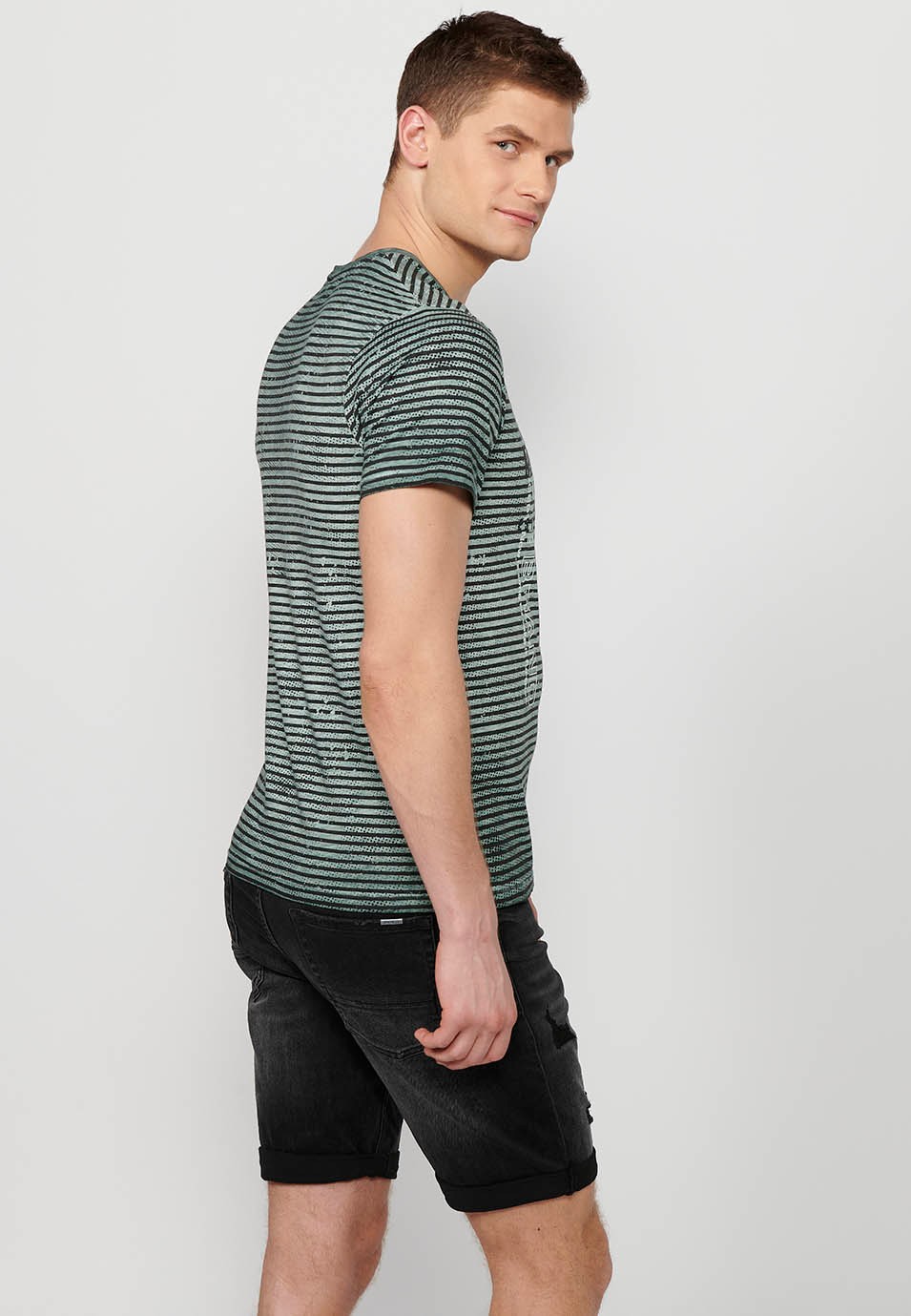 Short-sleeved cotton T-shirt with striped print and round neck in Khaki color for Men