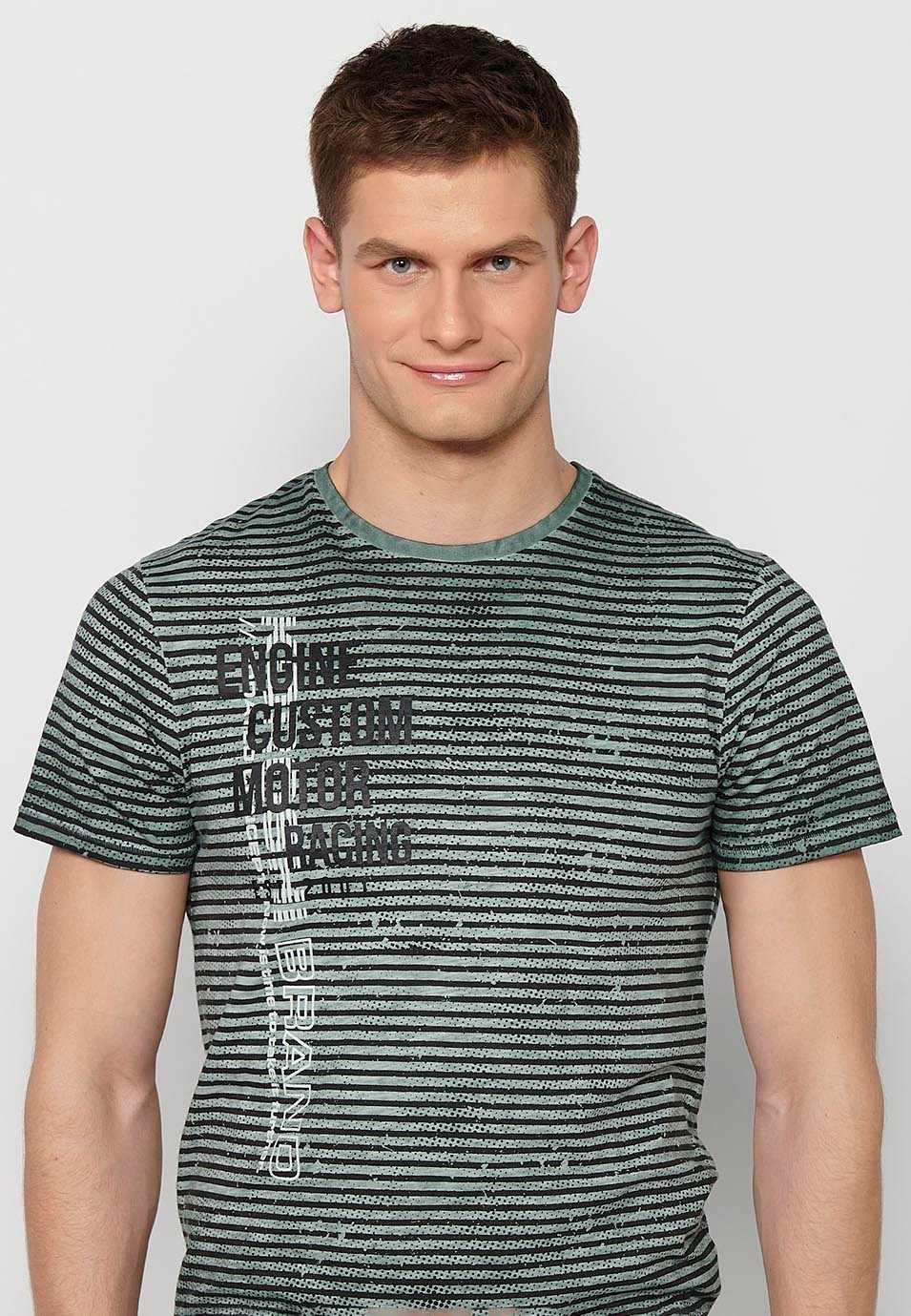 Short-sleeved cotton T-shirt with striped print and round neck in Khaki color for Men