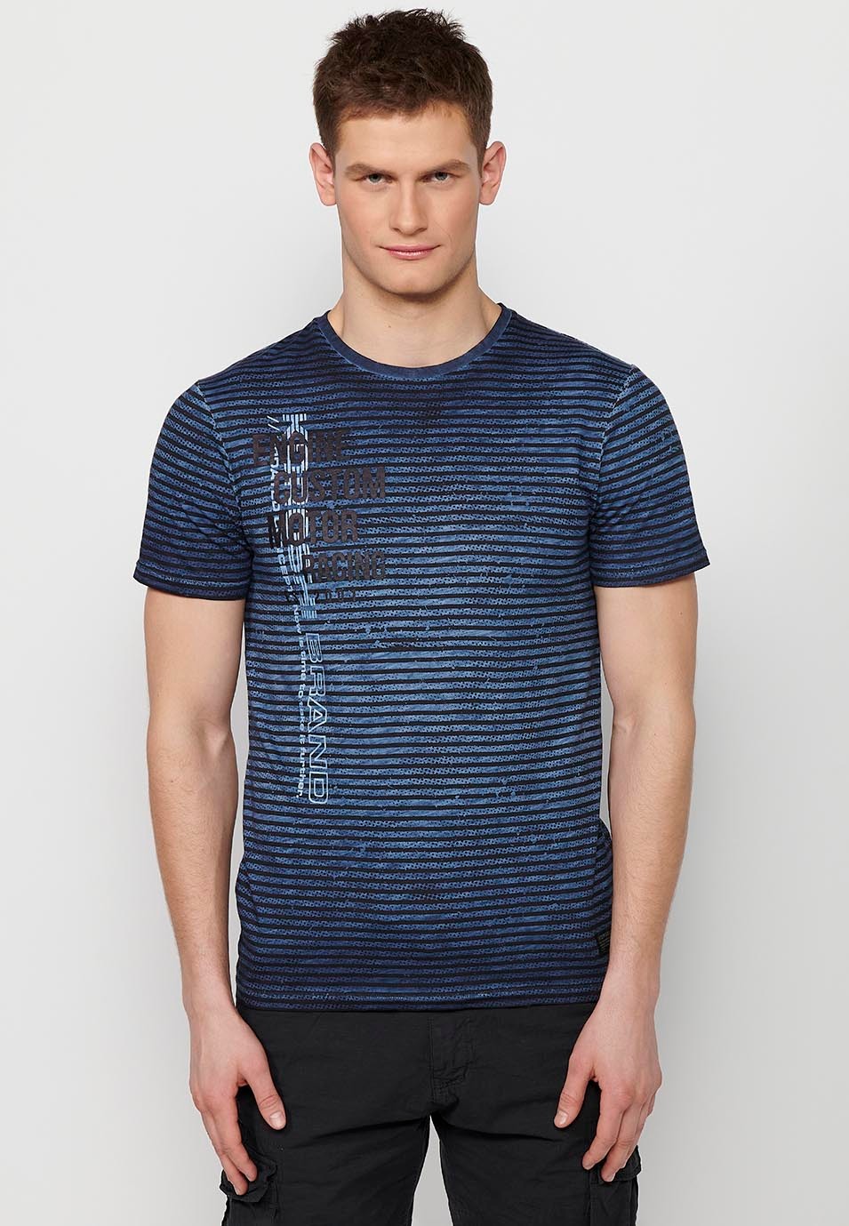 Short-sleeved Cotton T-shirt with striped print and round neck in Blue for Men