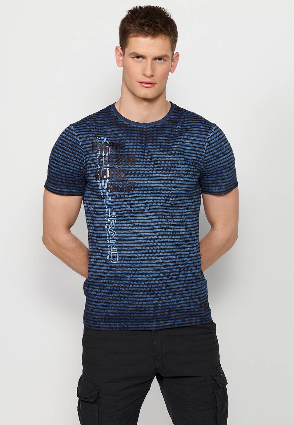 Short-sleeved Cotton T-shirt with striped print and round neck in Blue for Men