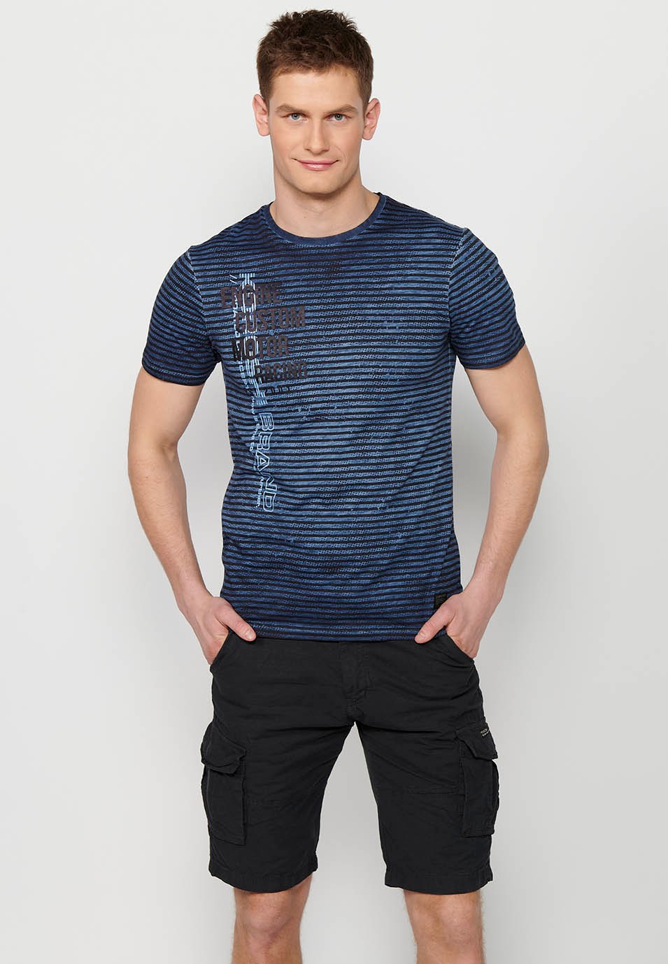 Short-sleeved Cotton T-shirt with striped print and round neck in Blue for Men