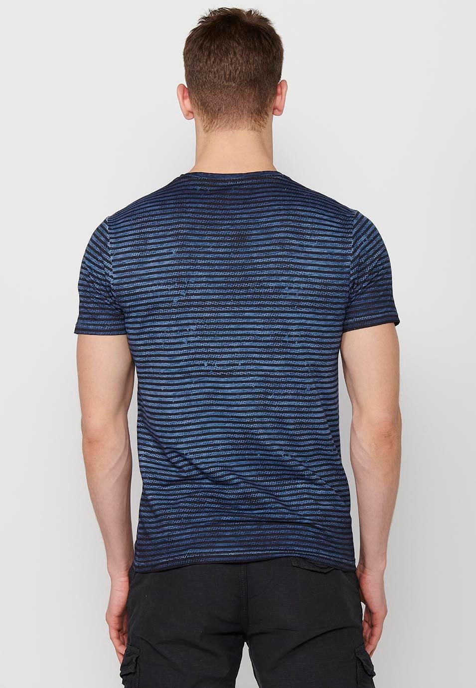 Short-sleeved Cotton T-shirt with striped print and round neck in Blue for Men