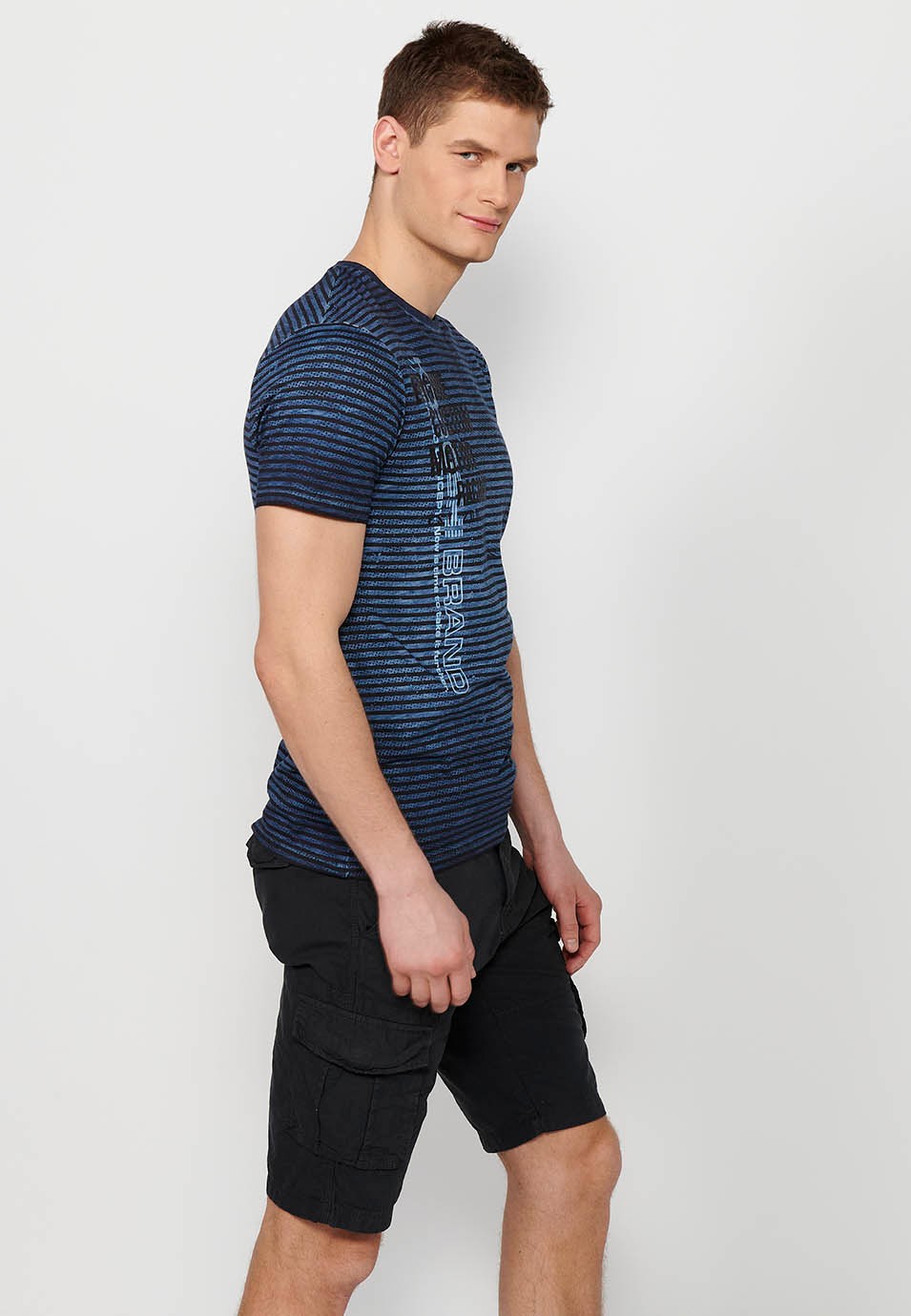 Short-sleeved Cotton T-shirt with striped print and round neck in Blue for Men