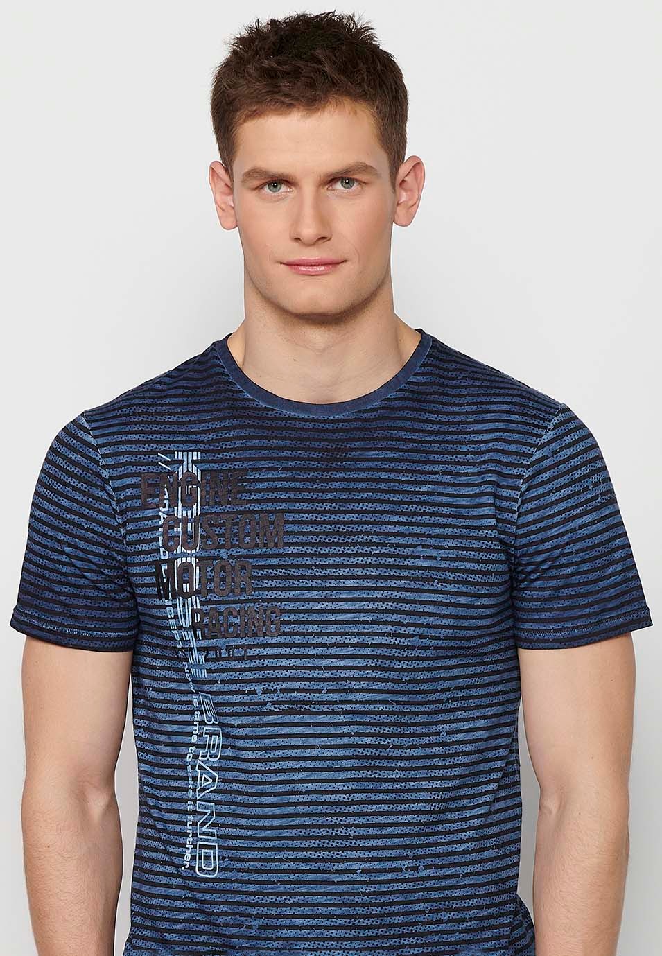 Short-sleeved Cotton T-shirt with striped print and round neck in Blue for Men