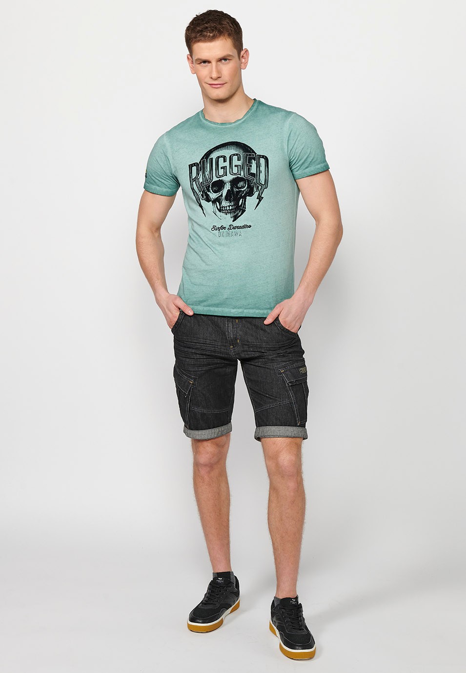 T-shirt col rond manches courtes tie-dye en coton avec imprimé flocage devant en Vert pour Homme