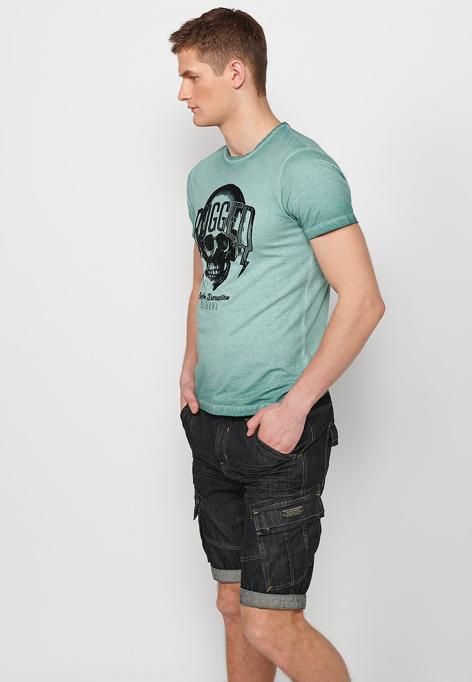 T-shirt col rond manches courtes tie-dye en coton avec imprimé flocage devant en Vert pour Homme