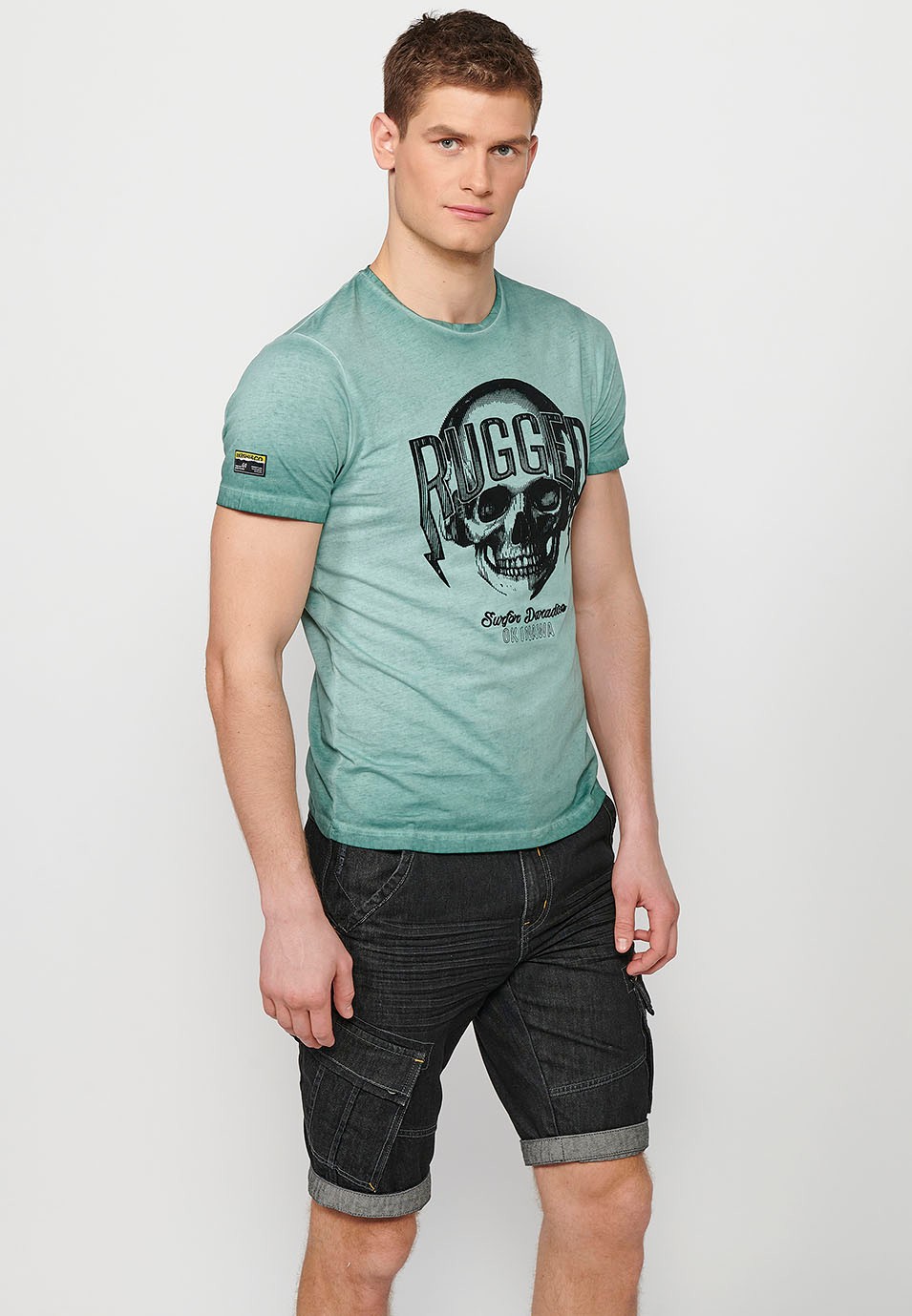 T-shirt col rond manches courtes tie-dye en coton avec imprimé flocage devant en Vert pour Homme