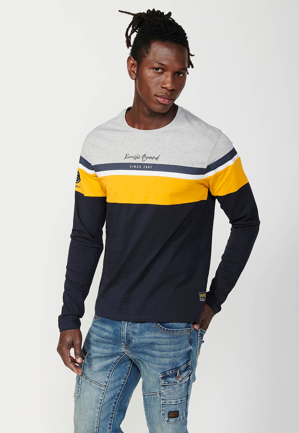 Men's Navy Cotton Long Sleeve Crew Neck T-Shirt with Front and Sleeve Detail