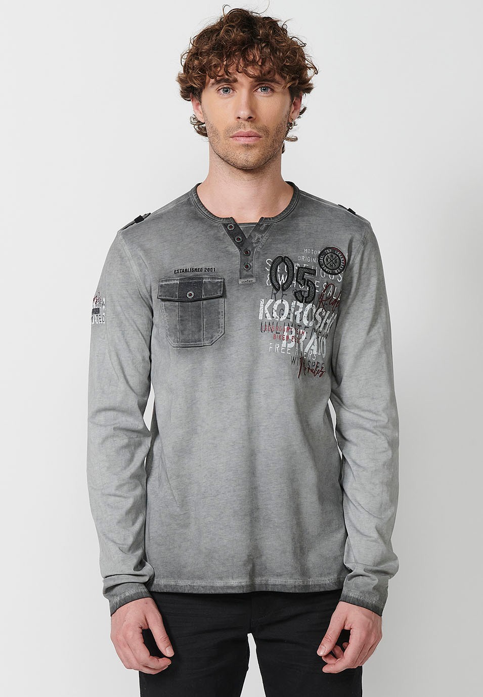 Men's Grey Crew Neck Long Sleeve T-Shirt with Front Detail and Slit