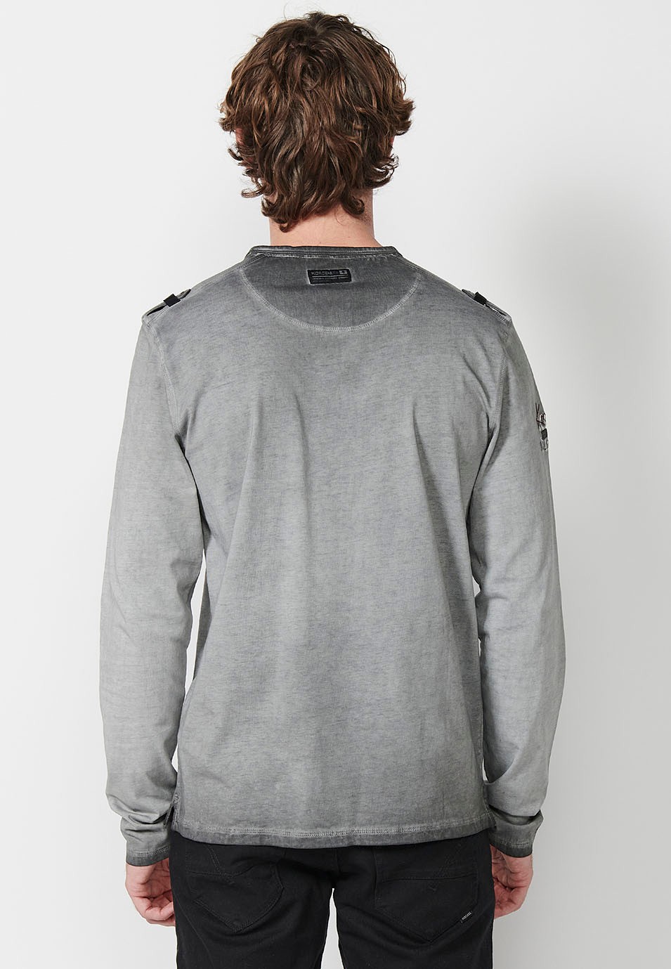 Men's Grey Crew Neck Long Sleeve T-Shirt with Front Detail and Slit