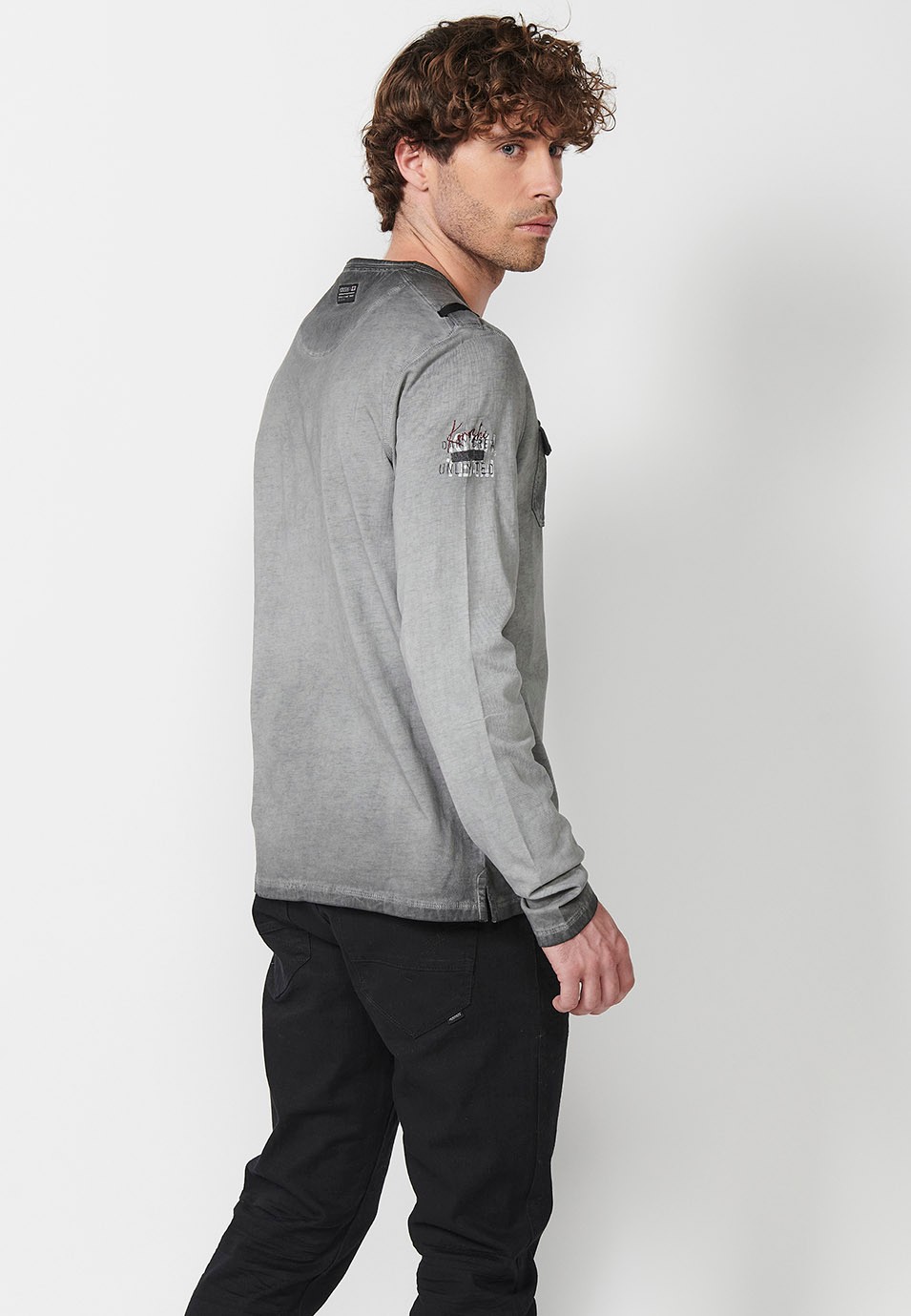 Men's Grey Crew Neck Long Sleeve T-Shirt with Front Detail and Slit