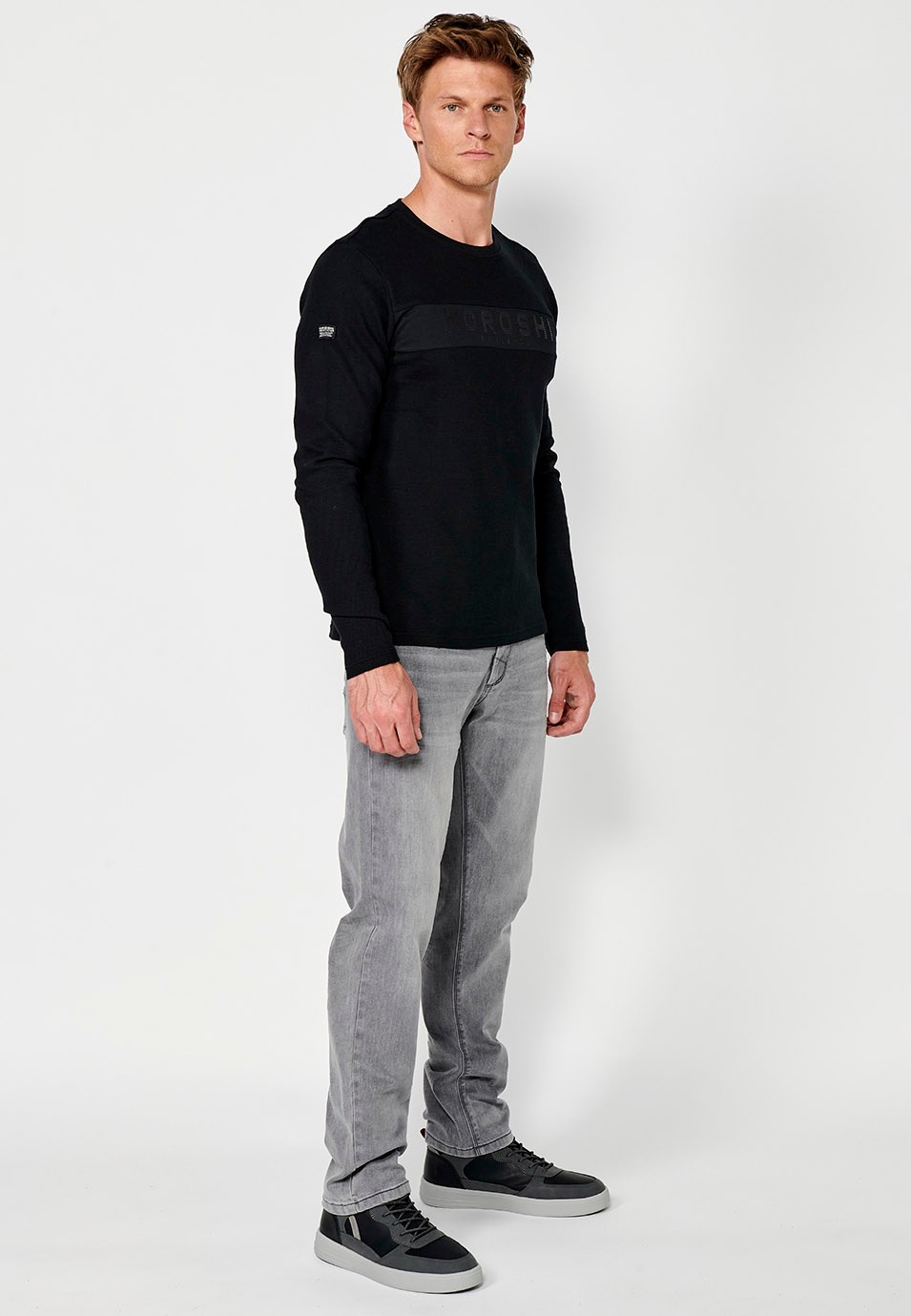 Men's Black Long Sleeve Crew Neck T-Shirt with Front Detail