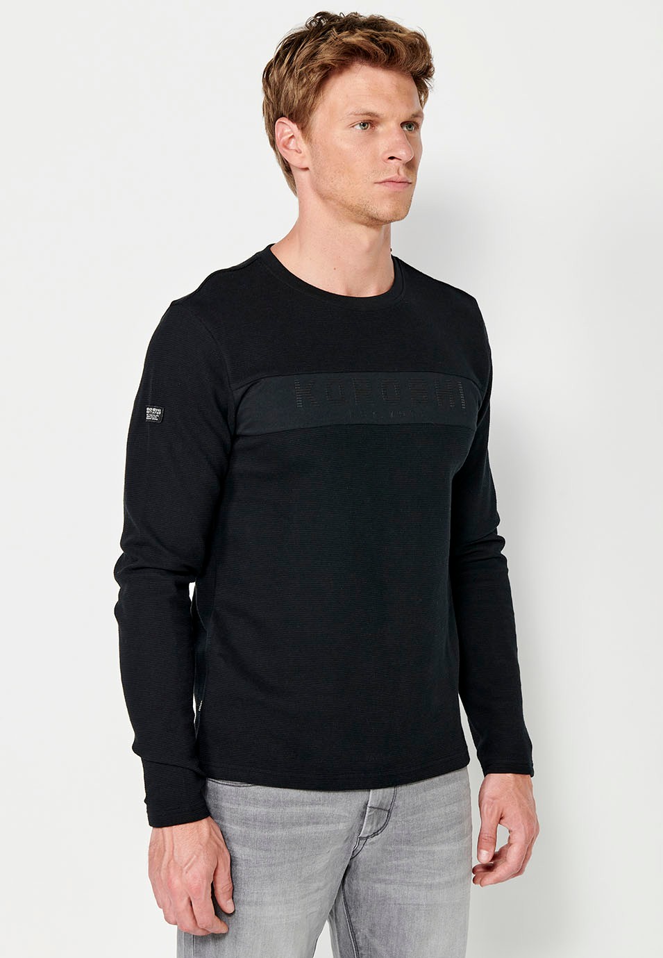 Men's Black Long Sleeve Crew Neck T-Shirt with Front Detail