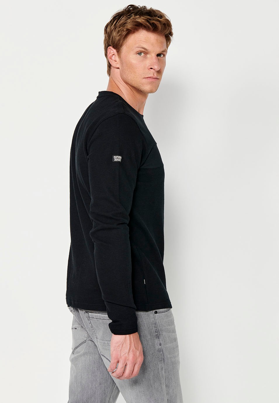 Men's Black Long Sleeve Crew Neck T-Shirt with Front Detail