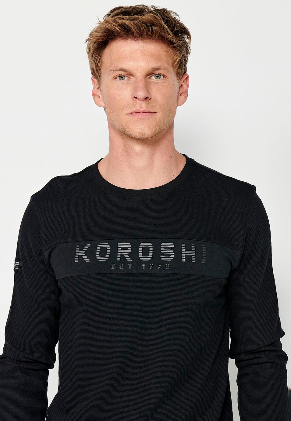 Men's Black Long Sleeve Crew Neck T-Shirt with Front Detail