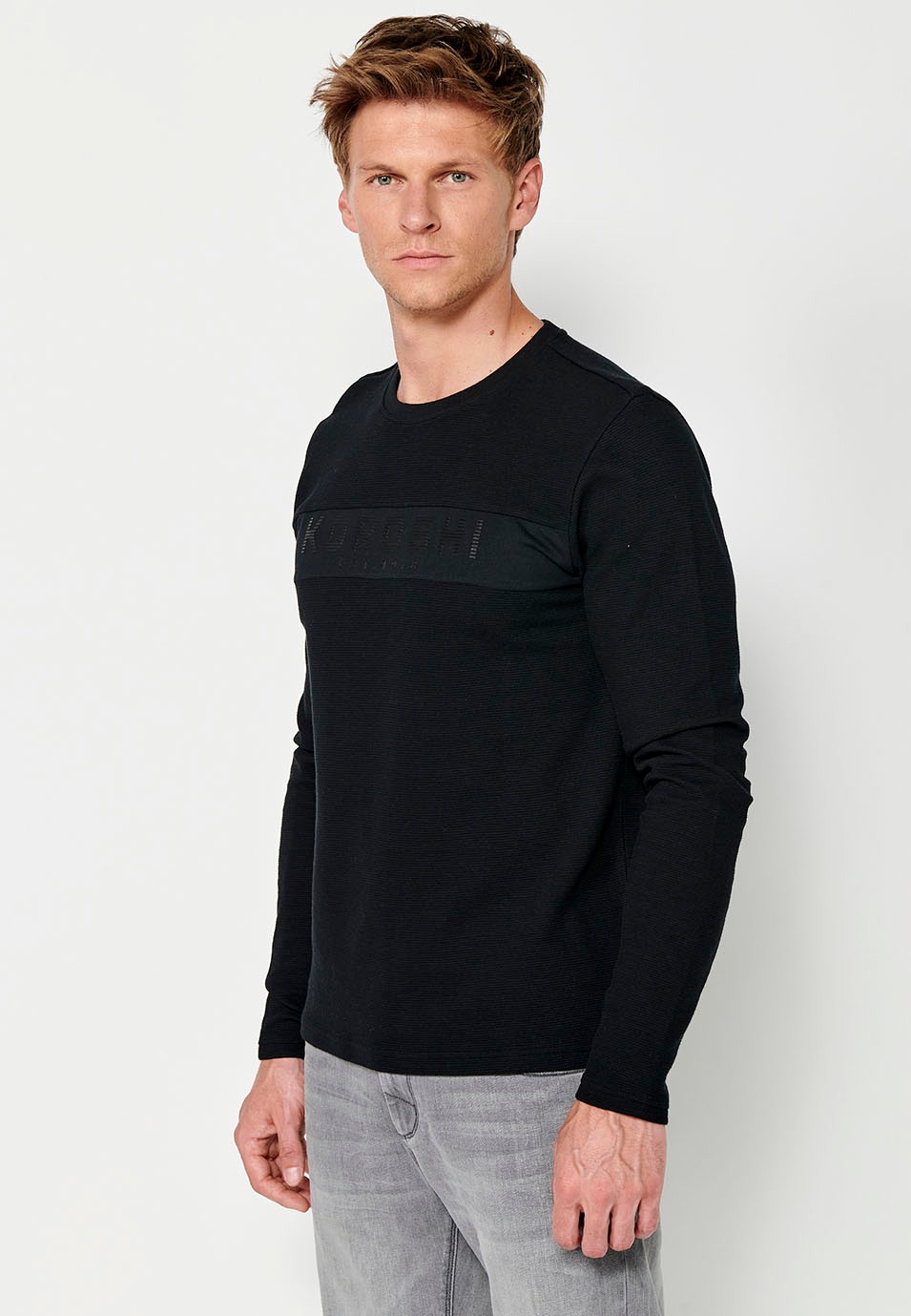 Men's Black Long Sleeve Crew Neck T-Shirt with Front Detail