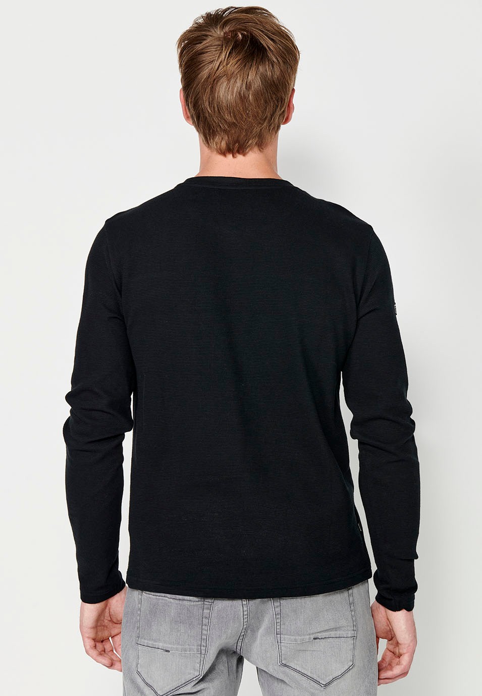 Men's Black Long Sleeve Crew Neck T-Shirt with Front Detail