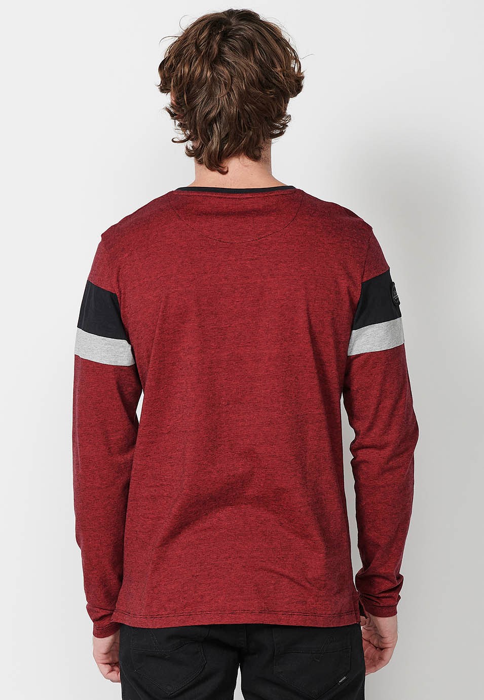 Men's Red Open Crew Neck Long Sleeve T-Shirts with Front Detail 5