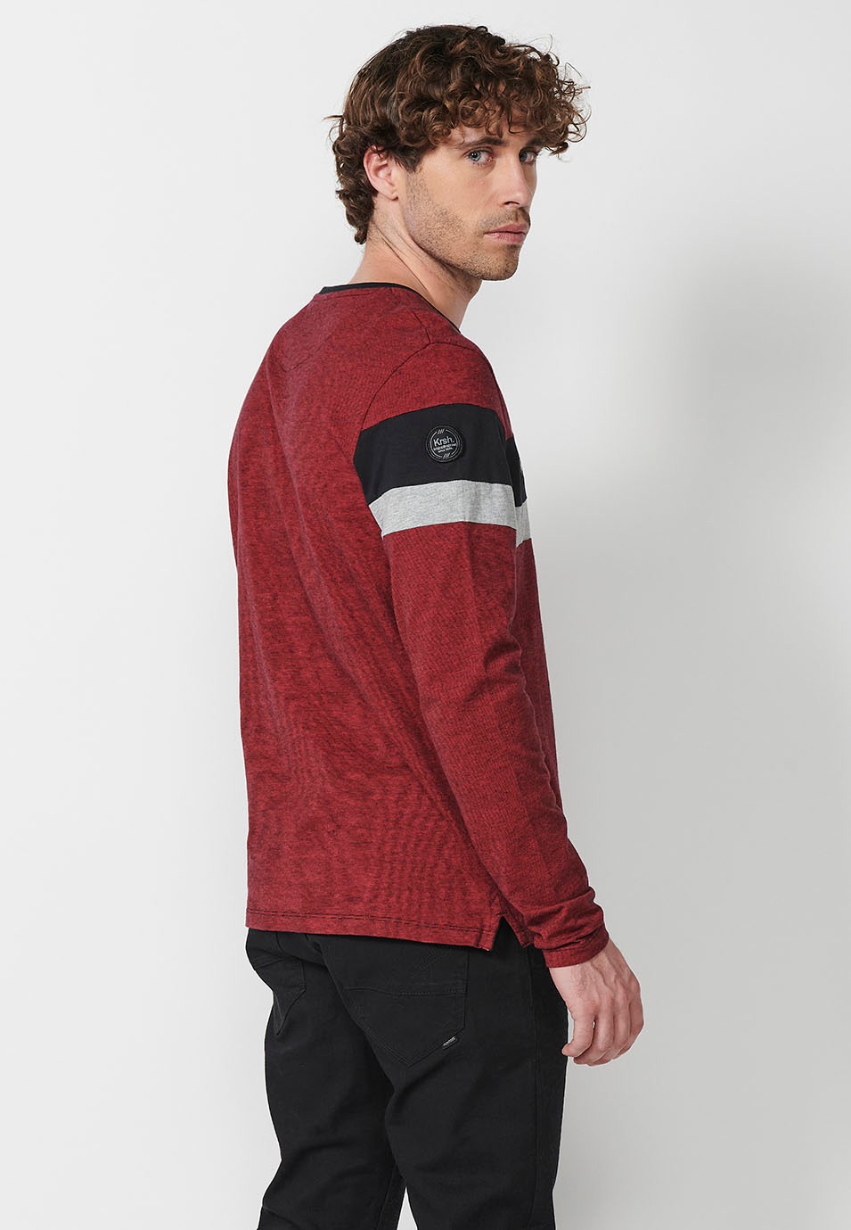 Men's Red Open Crew Neck Long Sleeve T-Shirts with Front Detail 2