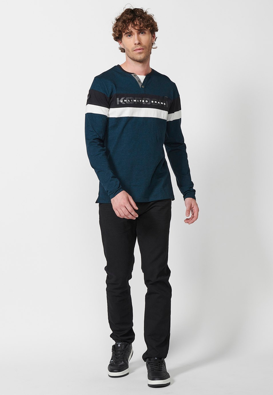 Men's Blue Open Crew Neck Long Sleeve T-Shirts with Front Detail