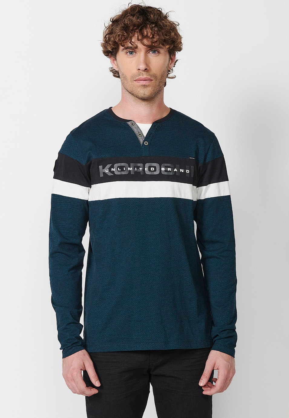 Men's Blue Open Crew Neck Long Sleeve T-Shirts with Front Detail