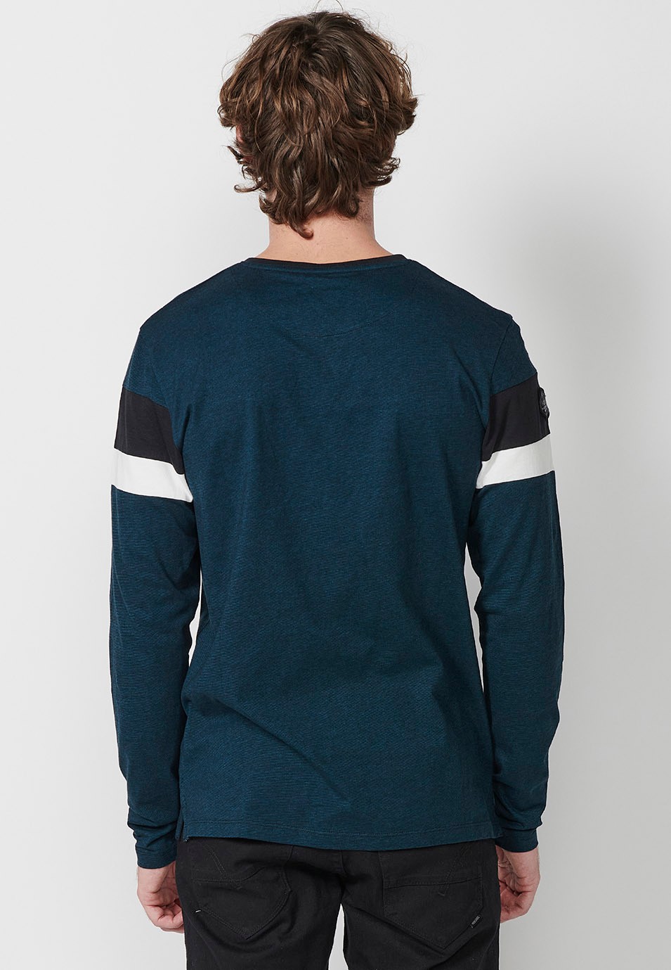 Men's Blue Open Crew Neck Long Sleeve T-Shirts with Front Detail