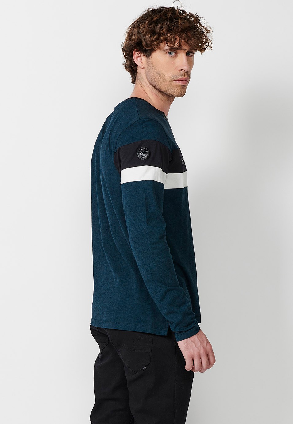 Men's Blue Open Crew Neck Long Sleeve T-Shirts with Front Detail