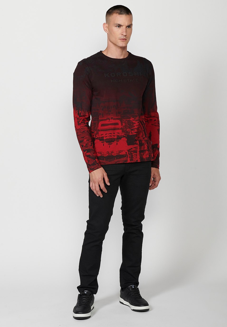 Men's Red Gradient Print Crew Neck Cotton Long Sleeve T-Shirt 2