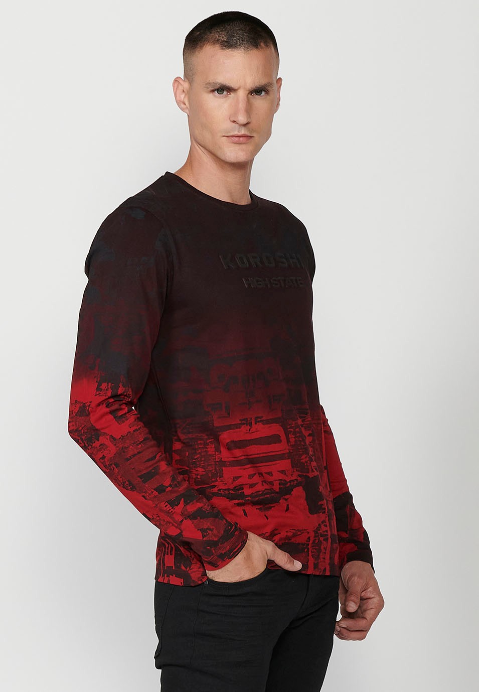 Men's Red Gradient Print Crew Neck Cotton Long Sleeve T-Shirt 3