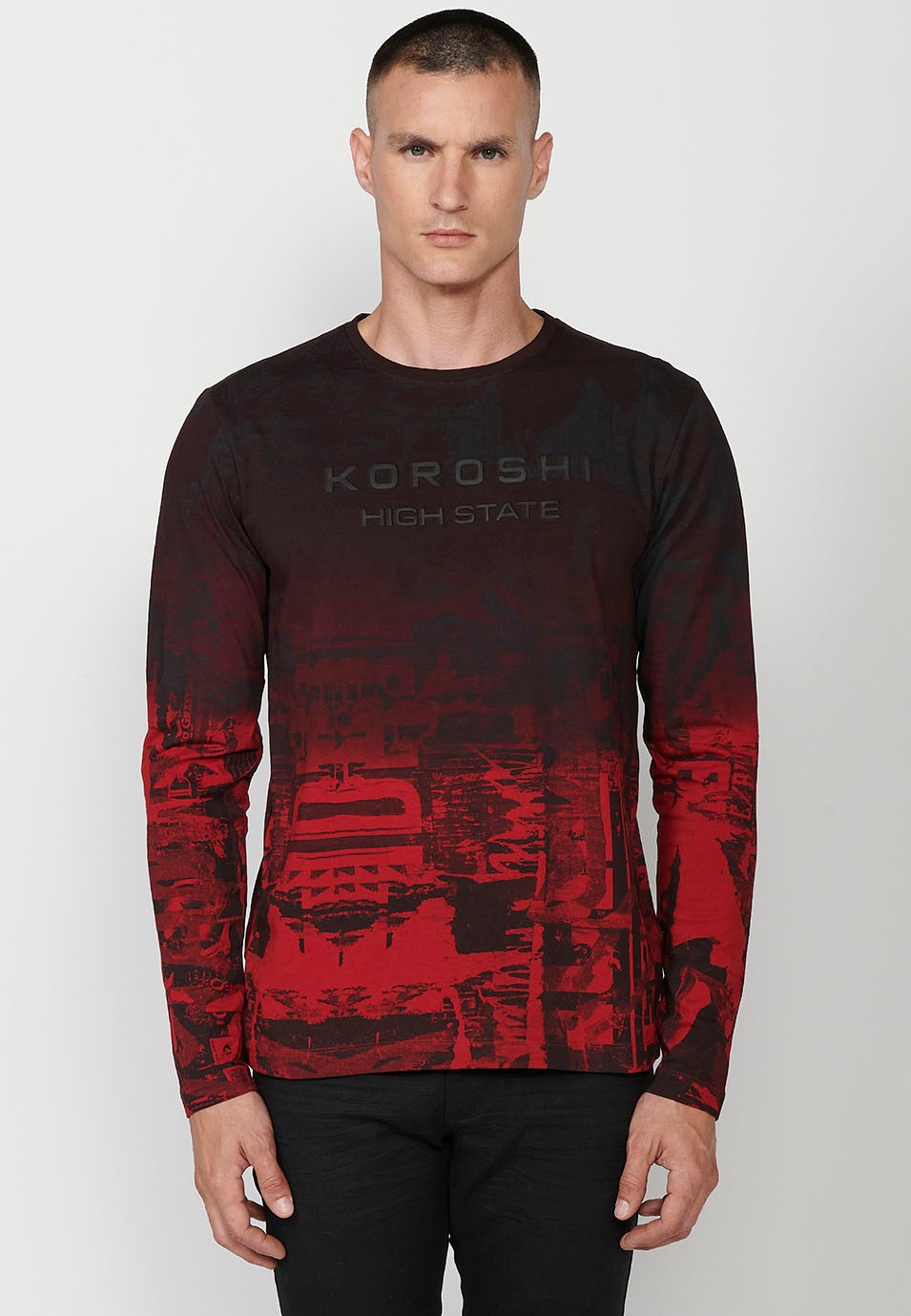 Men's Red Gradient Print Crew Neck Cotton Long Sleeve T-Shirt 4