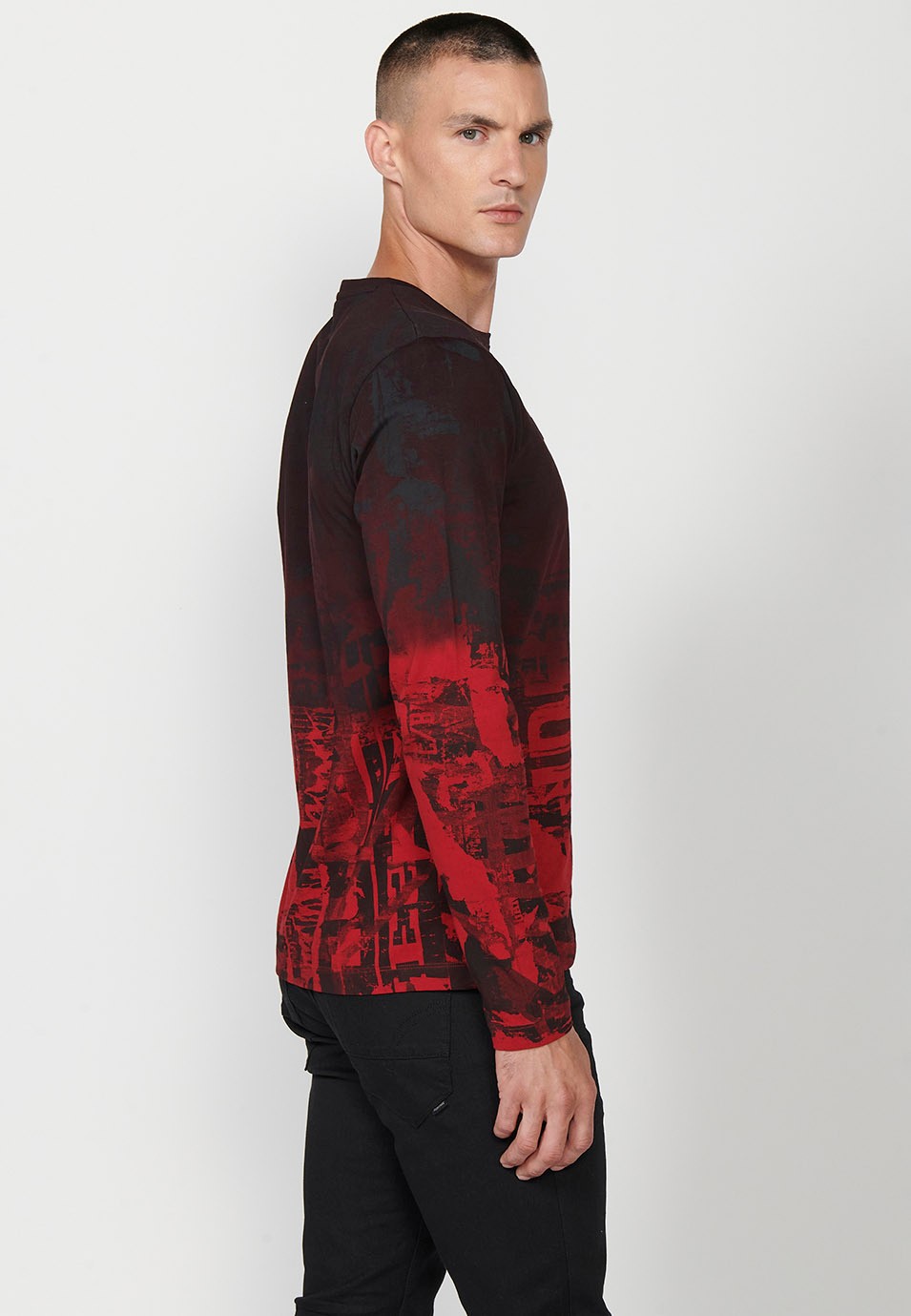 Men's Red Gradient Print Crew Neck Cotton Long Sleeve T-Shirt 5