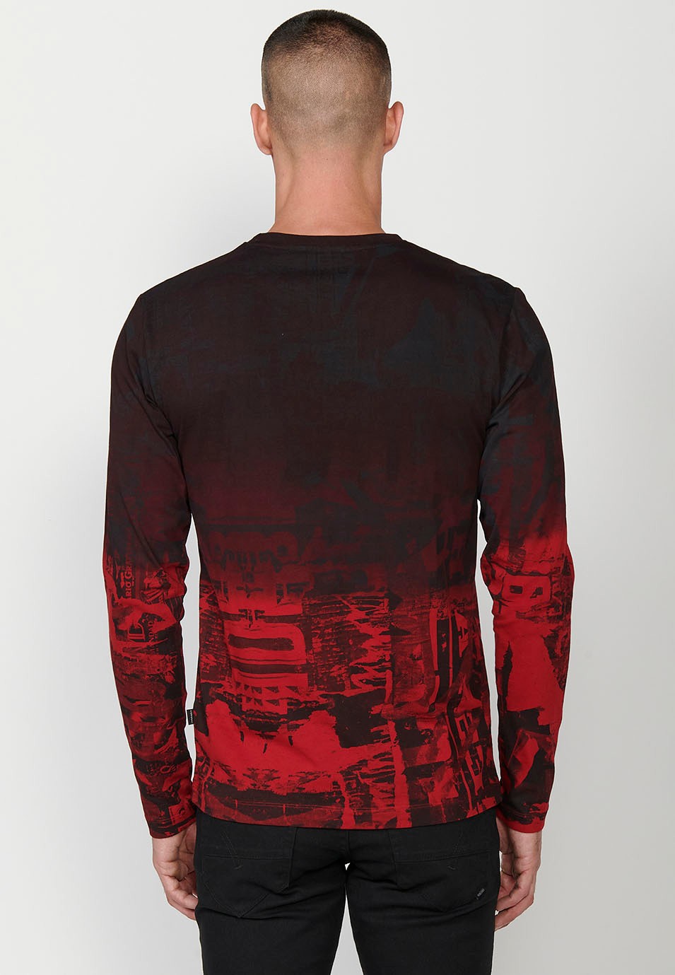 Men's Red Gradient Print Crew Neck Cotton Long Sleeve T-Shirt 6