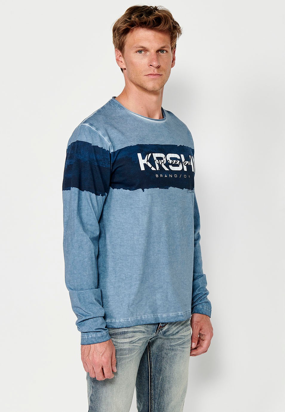 T-shirt homme bleu à manches longues et col rond avec détail imprimé sur le devant