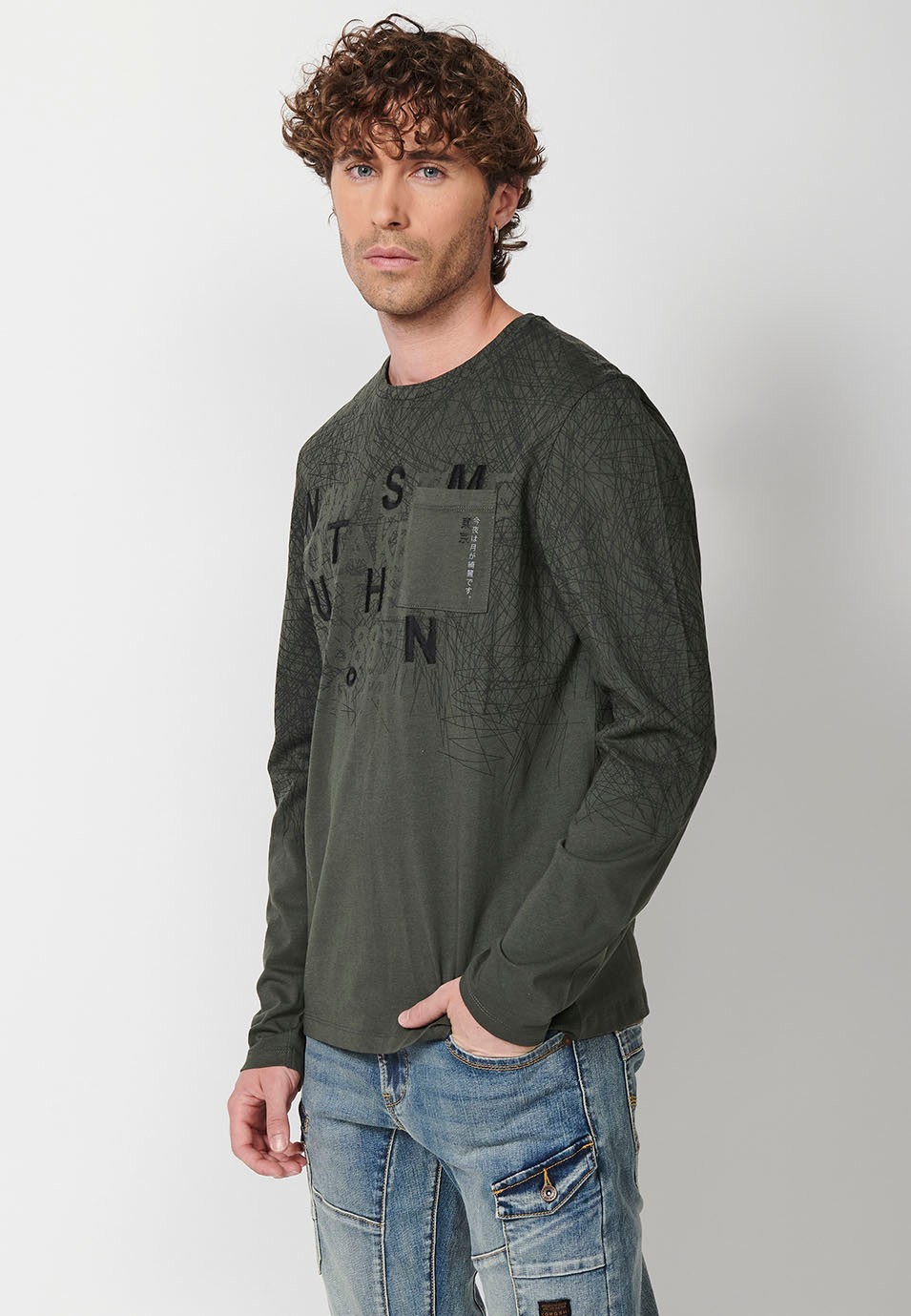 Men's Long Sleeve Cotton Crew Neck T-Shirt with Slit and Front Detail in Khaki