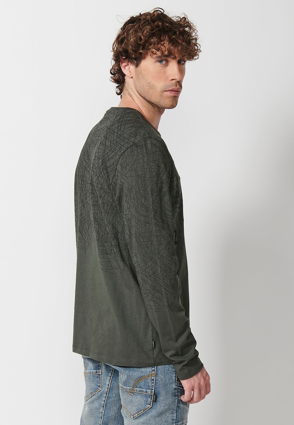 Men's Long Sleeve Cotton Crew Neck T-Shirt with Slit and Front Detail in Khaki 6